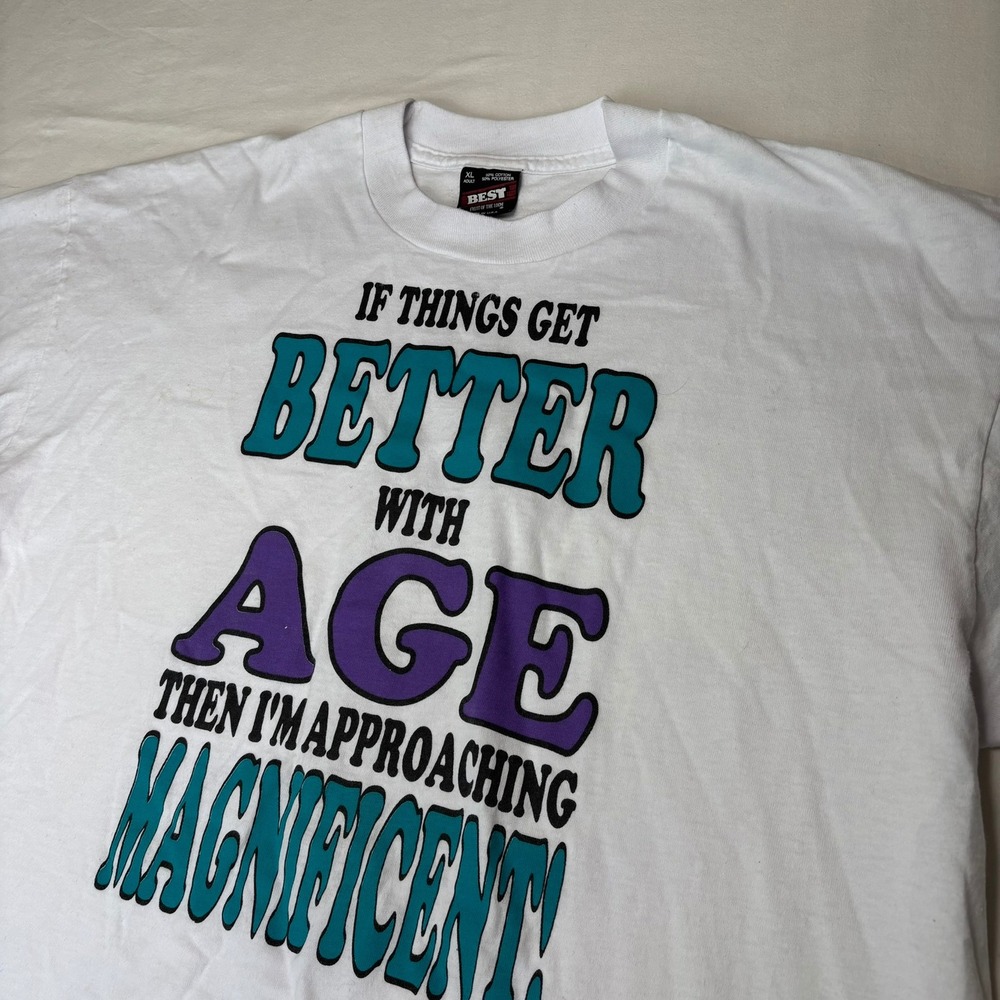 VTG Fruit of the Loom T-Shirt Men XL White Better With Age Tee Single Stitch USA